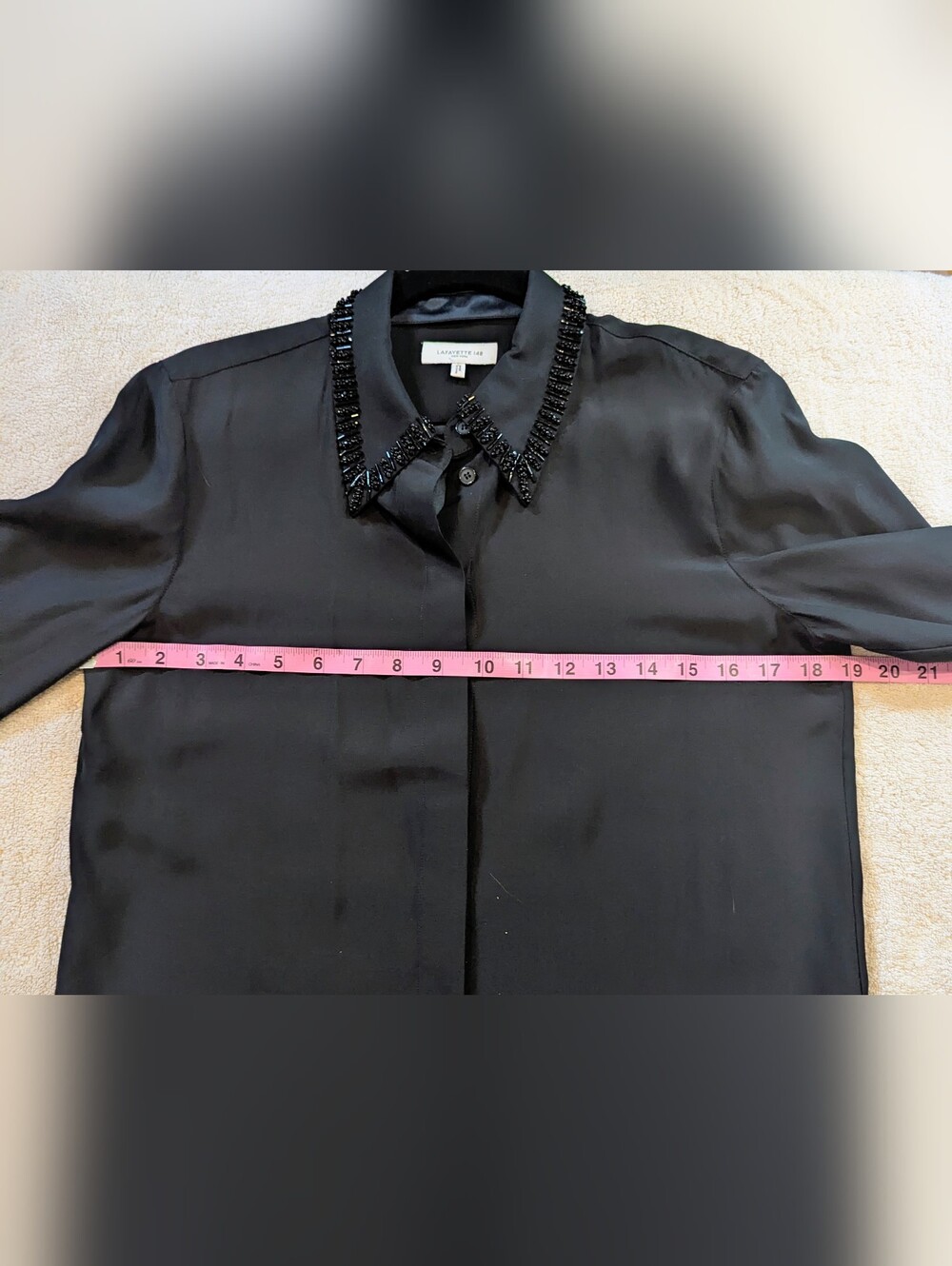 $70 Lafayette 148 Size S New York Black Beaded Collar Silk Blouse Pristine EUC - Picture 5 of 7